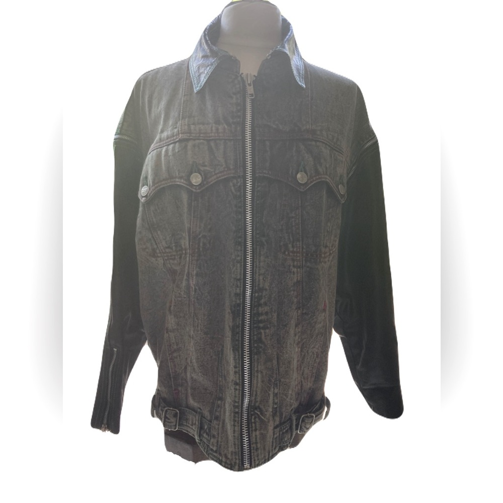 Vintage 90s Winlit Black Leather and Grey Denim Jacket